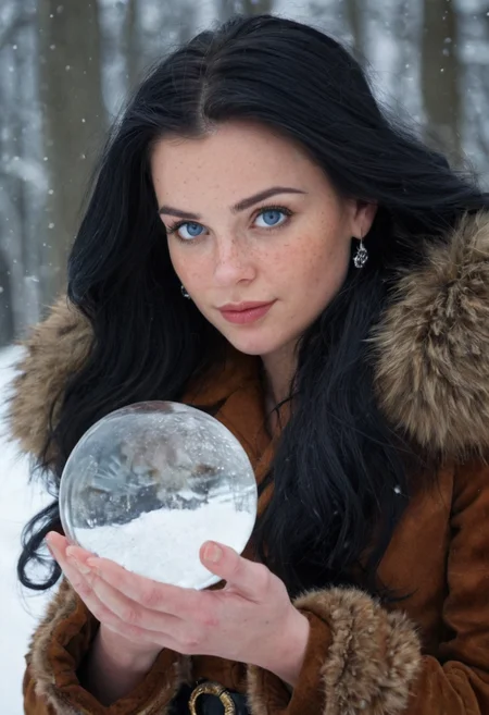 cinematic still a woman in winter clothing holding a crystal ball, 1girl, long hair, looking at viewer, blue eyes, black hair, solo focus, belt, blurry, lips, fur trim, depth of field, blurry background, wavy hair, snow, freckles, magic . emotional, harmonious, vignette, 4k epic detailed, shot on kodak, 35mm photo, sharp focus, high budget, cinemascope, moody, epic, gorgeous, film grain, grainy, (masterpiece), (best quality), (ultra-detailed), a woman in winter clothing holding a crystal ball, 1girl, long hair, looking at viewer, blue eyes, black hair, solo focus, belt, blurry, lips, fur trim, depth of field, blurry background, wavy hair, snow, freckles, magic, illustration, disheveled hair, detailed eyes, perfect composition, moist skin, intricate details, earrings, a woman in winter clothing holding a crystal ball, 1girl, long hair, looking at viewer, blue eyes, black hair, solo focus, belt, blurry, lips, fur trim, depth of field, blurry background, wavy hair, snow, freckles, magic, mystical, cute, elegant, sharp detail, highly detailed, friendly, professional, cinematic
