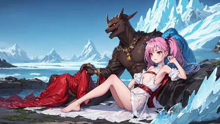 (4k wallpaper, absurdres, fantastic scenery, detailed background:0.7), (small breasts, amused, oiled, shiny skin, twintails, 
<lora:revealingClothes_v10:1.1>revealing clothes, dress, sideless outfit
, glacier, sitting on floor, feet, hip focus[::1], fantasy, fantasy clothes, adventurer, class: juggernaut, best quality:0.9):0.89