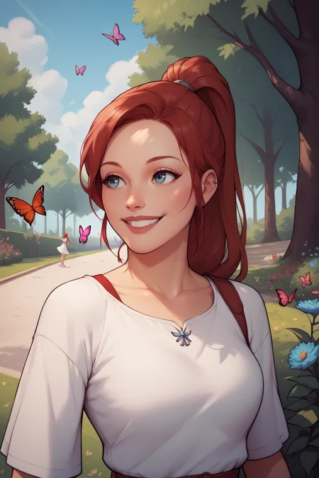 score_9, score_8_up, score_7_up, masterpiece, high quality
<lora:Sarah KerriganPonyLora:0.8>long hair, srahkrrign, ponytail, red summer dress, walking in a park, flowers, sunny, smile, butterflies, upper body