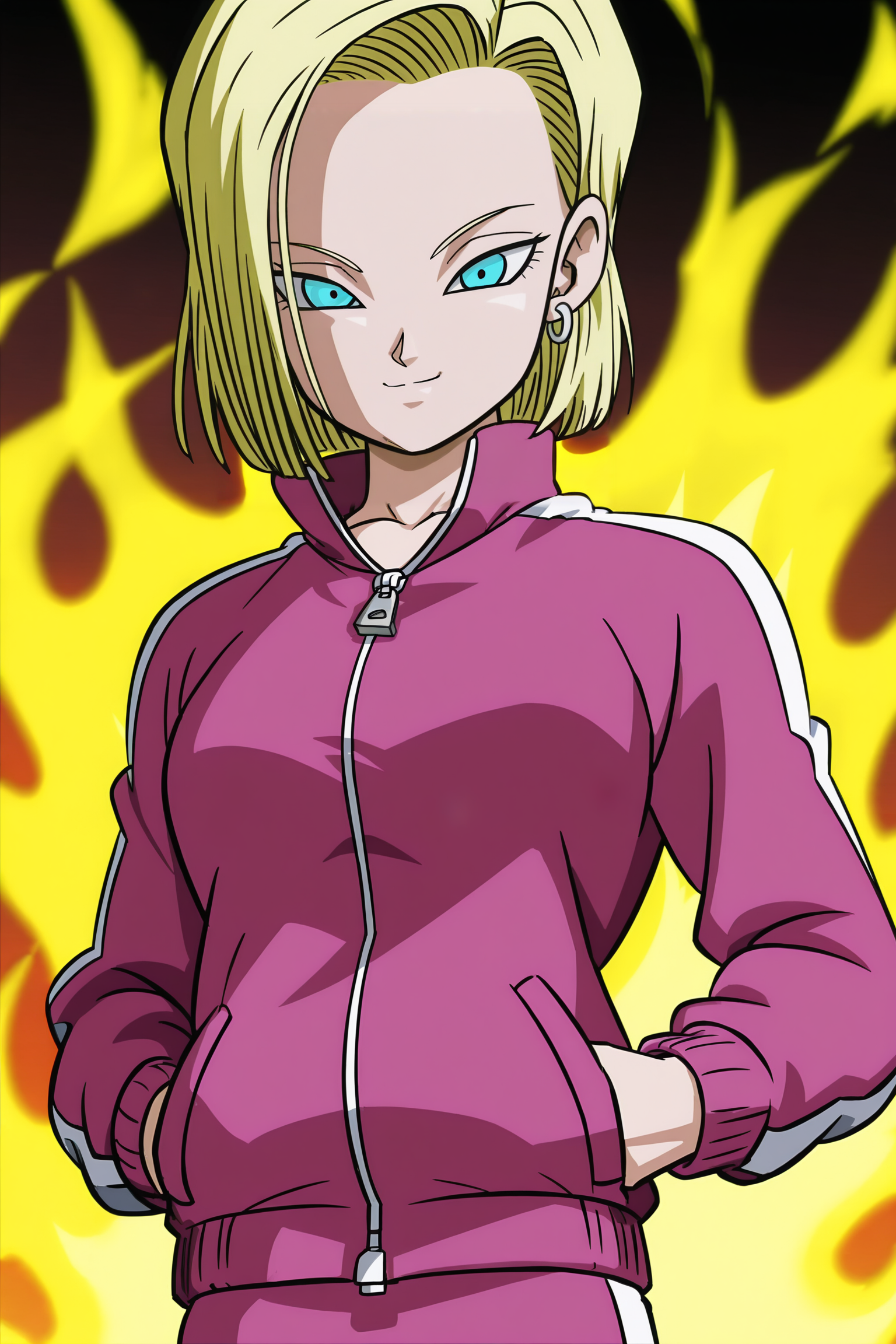 anime screencap, absurdres, high quality, official style,
android 18, dragon ball super, tracksuit outfit, official style, 1girl, solo, looking at viewer, smile, short hair, blue eyes, blonde hair, upper body, track jacket, hands in pockets, pink jacket, aura, collar up, collarbone, arm at side, from below, looking down at viewer, two tone jacket, long sleeves, zipper, silver earring
 <lora:Android_18_-_Dragon_Ball:0.8>