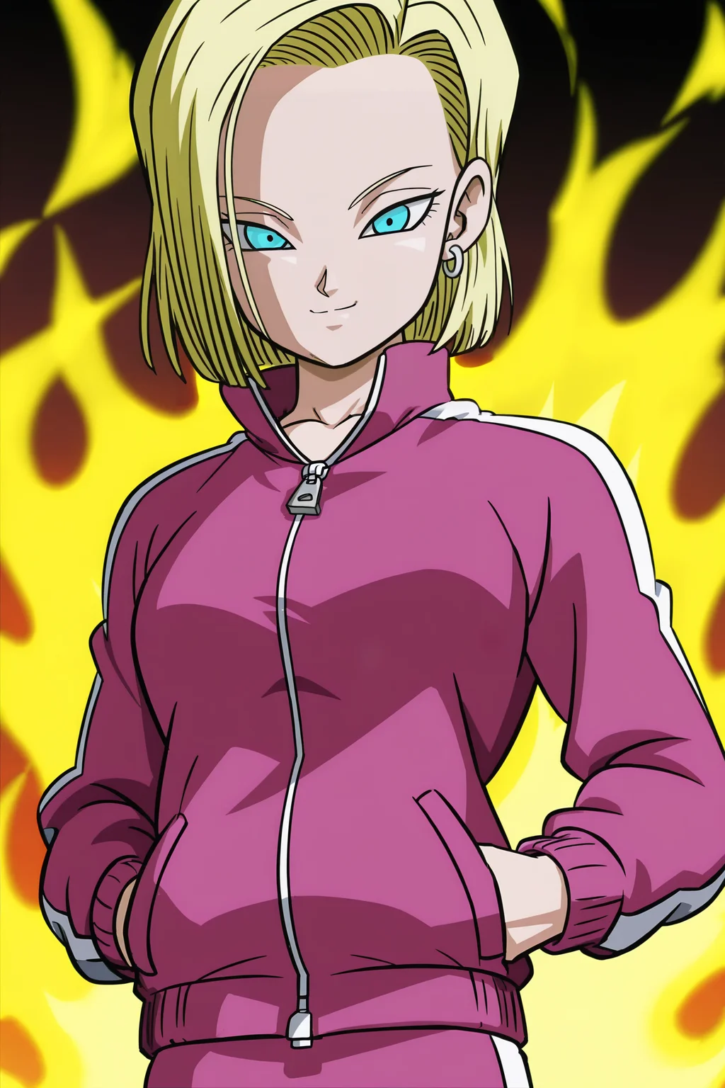 anime screencap, absurdres, high quality, official style,
android 18, dragon ball super, tracksuit outfit, official style, 1girl, solo, looking at viewer, smile, short hair, blue eyes, blonde hair, upper body, track jacket, hands in pockets, pink jacket, aura, collar up, collarbone, arm at side, from below, looking down at viewer, two tone jacket, long sleeves, zipper, silver earring
<lora:Android_18_-_Dragon_Ball:0.8>