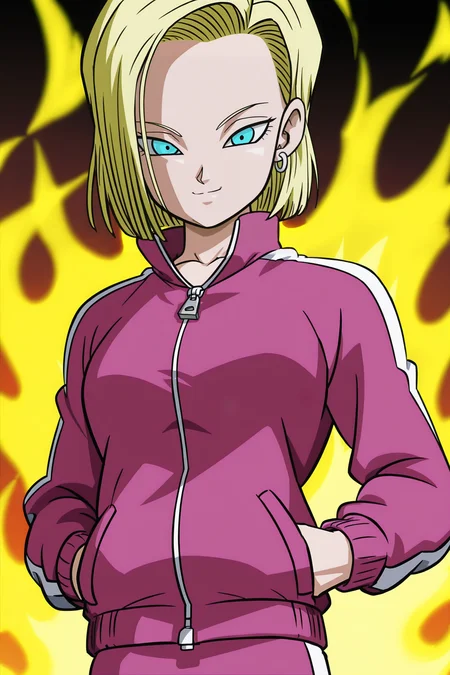 anime screencap, absurdres, high quality, official style,
android 18, dragon ball super, tracksuit outfit, official style, 1girl, solo, looking at viewer, smile, short hair, blue eyes, blonde hair, upper body, track jacket, hands in pockets, pink jacket, aura, collar up, collarbone, arm at side, from below, looking down at viewer, two tone jacket, long sleeves, zipper, silver earring
<lora:Android_18_-_Dragon_Ball:0.8>