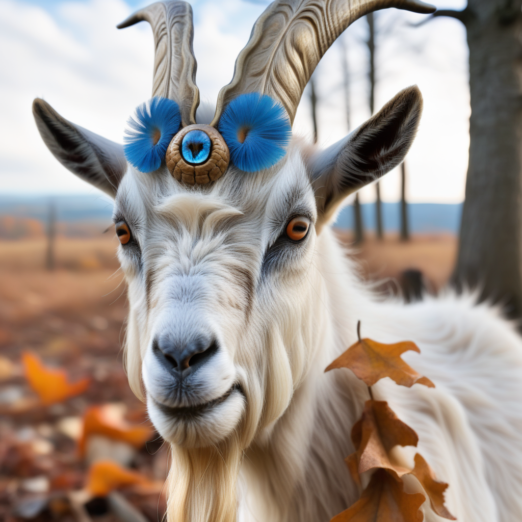 photorealistic, concept art, fantasy,  face enhanced, one goats01 owl with blue feathers, in fall Halloween woodland glade with mushrooms,,  in the style of <lora:goats01-xl:1> in the style of salvadore dali