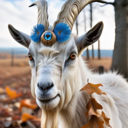 photorealistic, concept art, fantasy, face enhanced, one goats01 owl with blue feathers, in fall Halloween woodland glade with mushrooms,, in the style of <lora:goats01-xl:1> in the style of salvadore dali