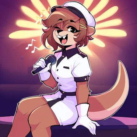 score_9_up, score_8_up, score_7_up, score_6_up, furry female, by remanedur, pearl aurora, female, furry, otter, yellow eyes, tail, dark brown hair, white gloves, ((headgear)), headwear, gesture, winking at viewer, happy, short hair, brown fur, hairclip, white high heeled boots, ((white uniform)), (solo), three-quarter view, head tilt, microphone, holding microphone, singing, stage, on stage, lights, screaming, <lora:Leah_Pines(AIM)_XL_v1:1>, <lora:PDXL_artist_tags_v2_big:0.8> <lora:The-Minuscule-Task_PDXL_v1.0:0.8> <lora:Pearl Aurora:0.15>