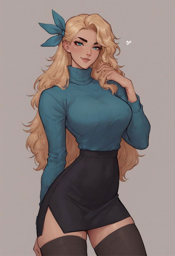 score_9, score_8_up, score_8, rating_explicit, 
 ((tall girl)), lustfull look, looking at viewer, soft seductive smile, horny, aqua eyes, blonde hair, hair ribbon, long hair, black skirt, black thighhighs, long sleeves, turtleneck,
