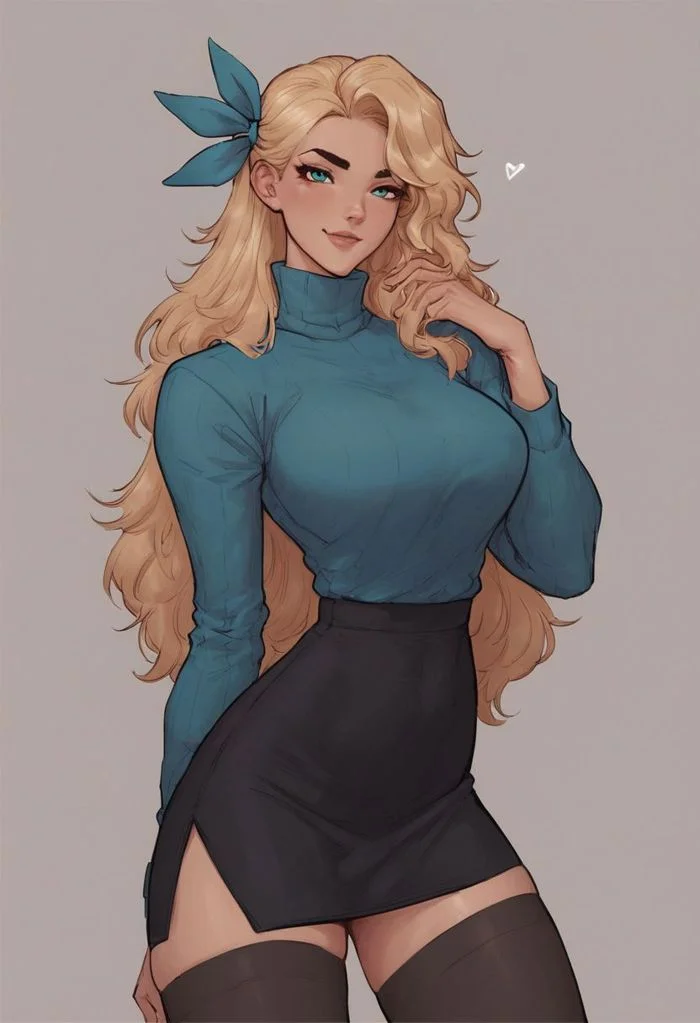 score_9, score_8_up, score_8, rating_explicit,
((tall girl)), lustfull look, looking at viewer, soft seductive smile, horny, aqua eyes, blonde hair, hair ribbon, long hair, black skirt, black thighhighs, long sleeves, turtleneck,