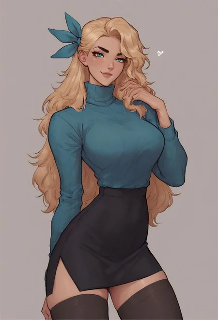 score_9, score_8_up, score_8, rating_explicit,
((tall girl)), lustfull look, looking at viewer, soft seductive smile, horny, aqua eyes, blonde hair, hair ribbon, long hair, black skirt, black thighhighs, long sleeves, turtleneck,