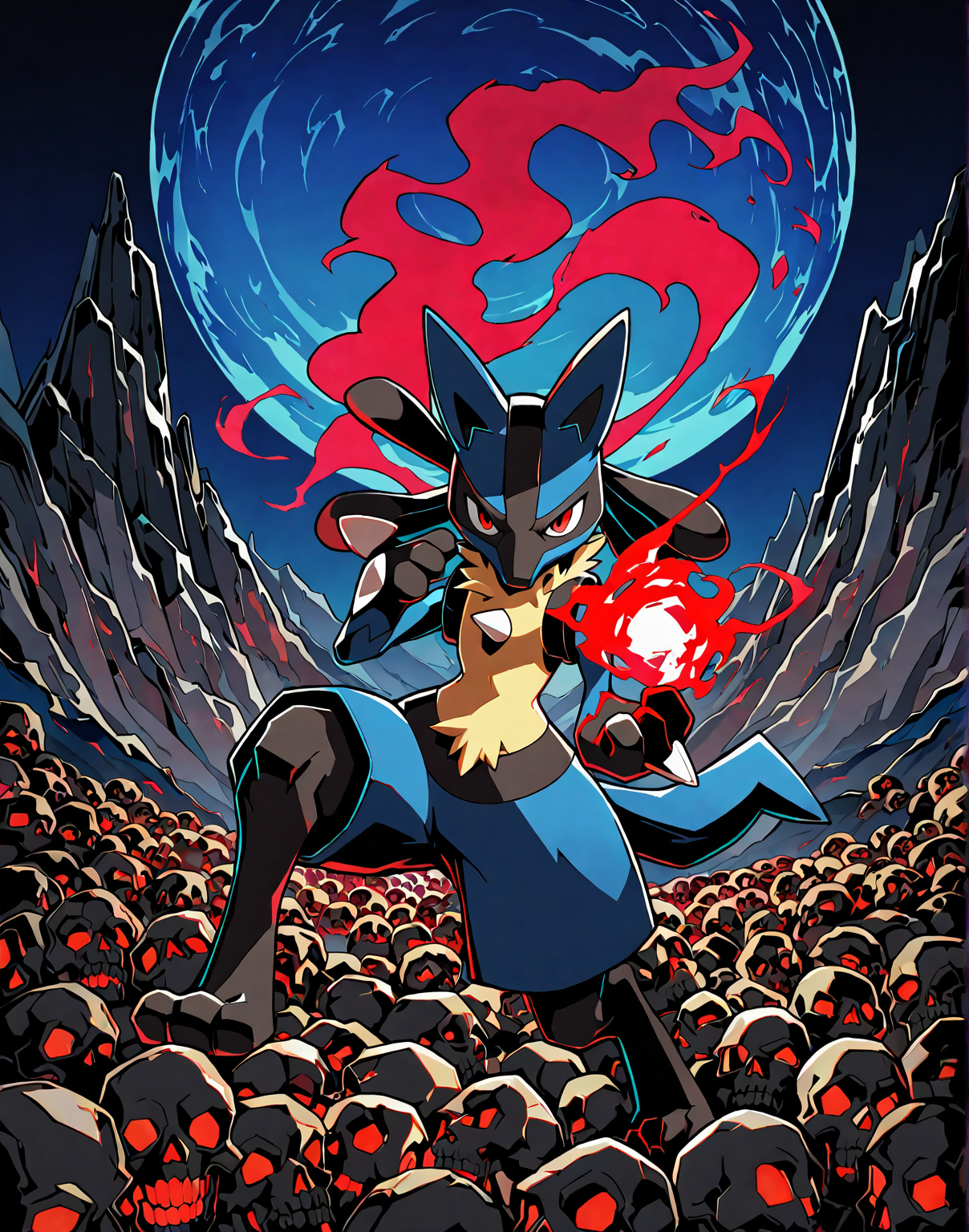 masterpiece,best quality,amazing quality, lucario, solo, mmshd, solid black shading, night scenery, mountain of skulls, looking at viewer, standing pose, hand up, on one knee, gradient coloring, blue skies, red skies, cowboy shot