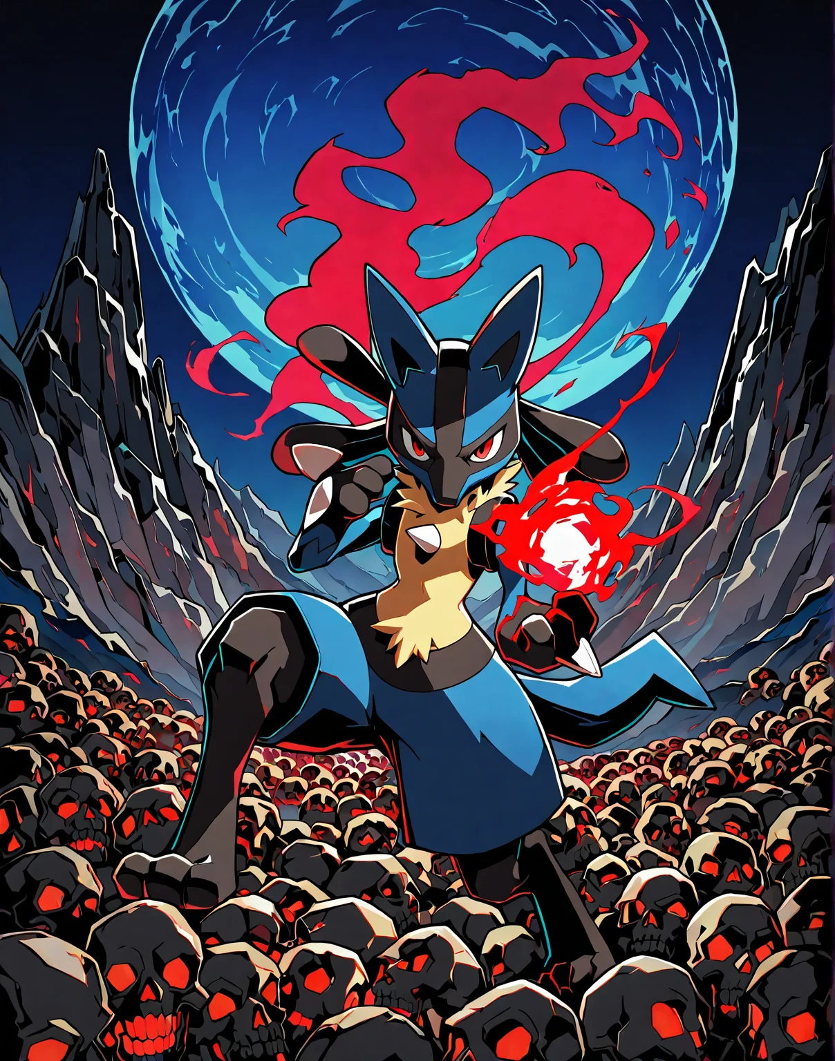masterpiece,best quality,amazing quality, lucario, solo, mmshd, solid black shading, night scenery, mountain of skulls, looking at viewer, standing pose, hand up, on one knee, gradient coloring, blue skies, red skies, cowboy shot