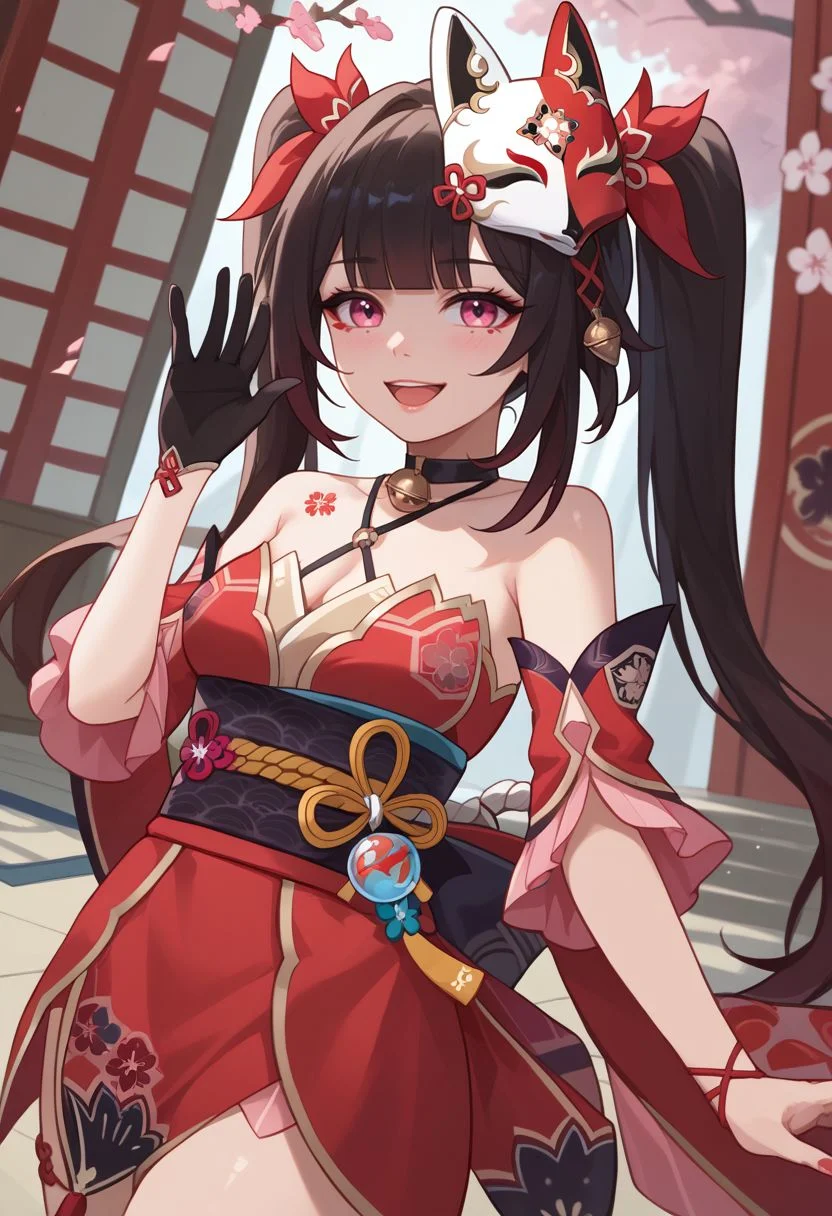 score_9, score_8_up, score_7_up, source_anime, 1girl, sparkledef, pink eyes, long hair, twintails, fox mask, mask on head, bell, black choker, bare shoulders, flower tattoo, criss-cross halter, detached sleeves, red dress, japanese clothes, obi, black sash, black gloves, single glove, thigh strap, standing, smile, open mouth, looking at viewer, indoors, shrine, close-up, facing viewer, waving, <lora:Sparkle_v1-000010:1>