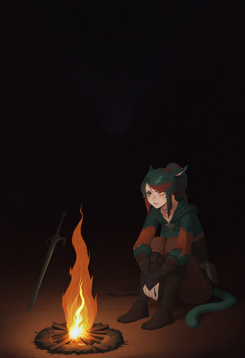 masterpiece, best quality, absurdres, CatGirlStyle,
1girl, siriha, miqo'te, green hair, red hair, two-tone hair, tail, heterochromia, yellow eyes, green eyes,
adventurer,
sitting, campfire, sword in campfire, bonfire \(dark souls\),
night, dark, warm lighting, orange glow