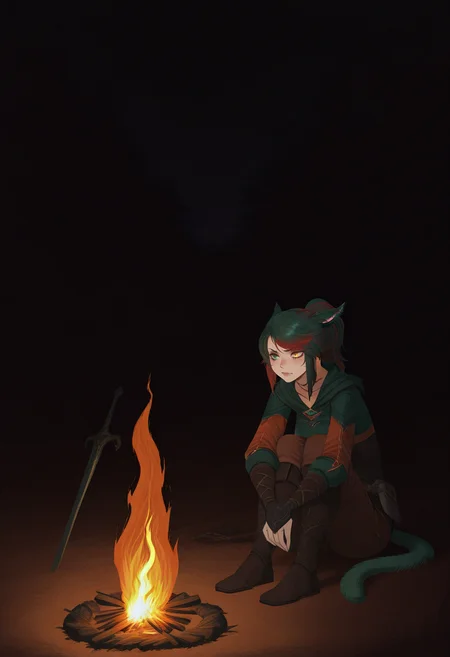 masterpiece, best quality, absurdres, CatGirlStyle,
1girl, siriha, miqo'te, green hair, red hair, two-tone hair, tail, heterochromia, yellow eyes, green eyes,
adventurer,
sitting, campfire, sword in campfire, bonfire \(dark souls\),
night, dark, warm lighting, orange glow
