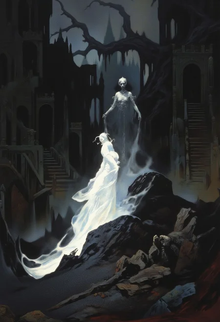 A hyper-realistic digital illustration in HD, 8K rendering, depicting an ethereal beauty inspired by the name *Isolde*, reminiscent of women immortalized in classical art. The pale-skinned woman, with flawless and delicate features, exudes an otherworldly elegance. Her jet-black hair flows dramatically, extending and floating as if weightless, creating a striking contrast against her glowing white medieval gown. The gown is long and exaggerated, its intricate fabric billowing and hovering as if animated by unseen forces, amplifying her ghostly allure. She stands poised atop a jagged black rock boulder, her presence luminous against the ground of fine black sand stretching around her. The background features ominous, darkly rendered elements: crumbling stairs spiraling into shadow, ancient buildings with gothic arches, towering pillars, and a sprawling, exaggerated tree stripped of leaves, its skeletal branches twisting eerily. This monochrome environment creates a stark visual contrast, emphasizing the radiant purity of *Isolde* and her garments. Lit with soft, diffused lighting that casts gentle highlights on her gown and hair, the image achieves cinematic depth with a 50mm lens, f/2 aperture, and subtle focus shifts to capture every fine detail of her ethereal form and the haunting, surreal setting.