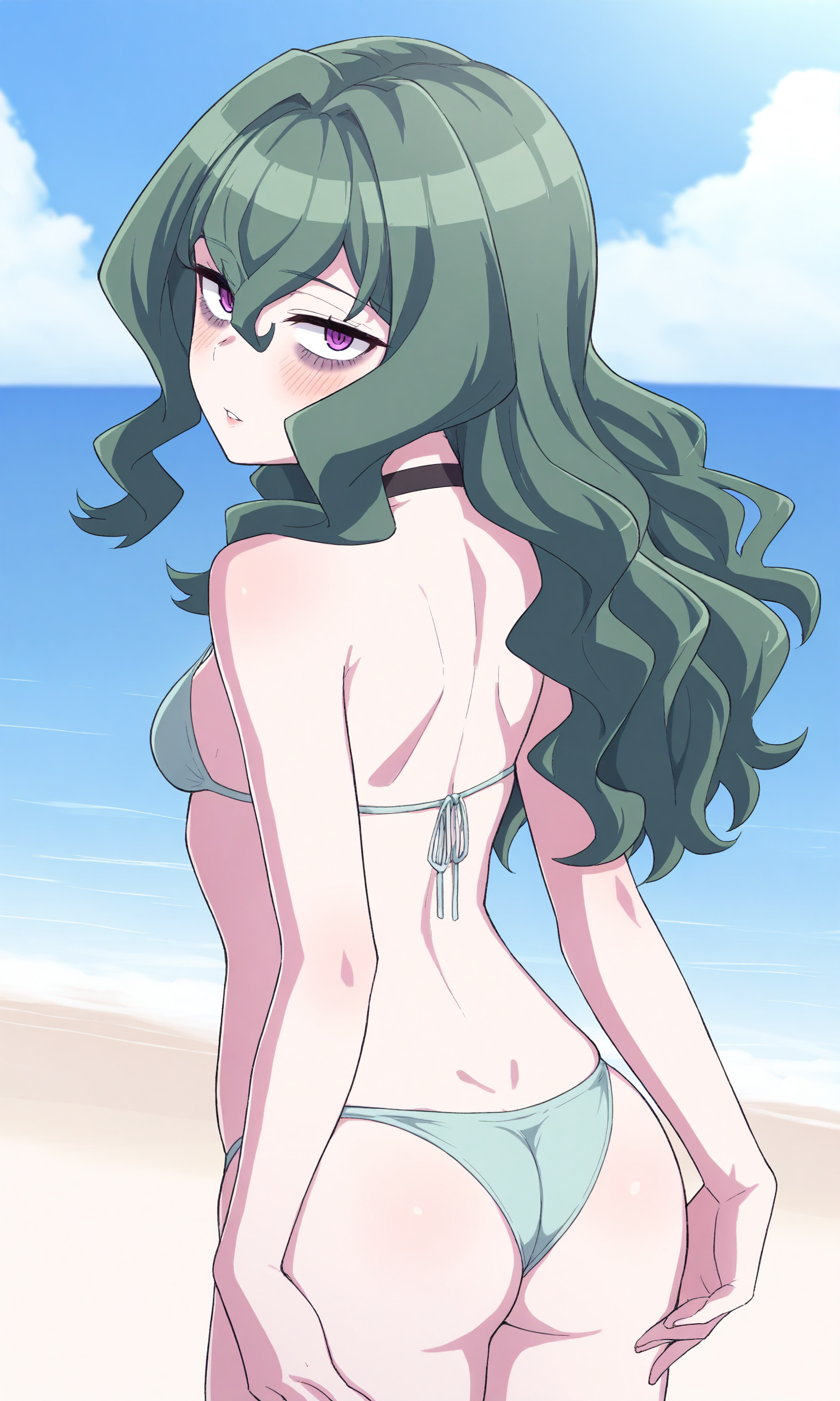 masterpiece, best quality, high resolution, absurdres, 1girl, hyofuwa, purple_eyes, bags_under_eyes, green_hair, long_hair, wavy_hair, choker, bikini, back, from_behind, ass, looking_at_viewer, parted_lips, blush, sky, day, outdoors, beach