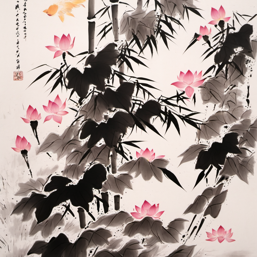 bamboo and lotus, <lora:Ink:1>,ink painting,