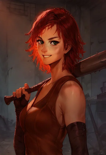 Score_9_up, score_8_up, score_7_up, side view, 1girl, cait, solo, red hair, green eyes, vest, leather arm wrap, freckles, holding baseball bat, smiling, abandoned warehouse, Expressiveh