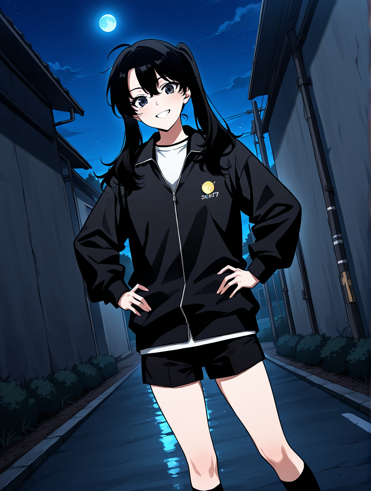 <lora:Omniscient_Readers_Viewpoint__Yoo_Mia:1>
1girl, solo, black hair, long hair, twintails, low twintails, hair between eyes, ahoge, black eyes, 
black zip jacket, white shirt underneath, black shorts, black socks,
score_9, score_8_up, score_7_up, very aesthetic, source_anime, detailed, high quality, beautiful, masterpiece, very aesthetic, high definition, amazing quality, highres, absurdres, outdoors, looking at viewer, smile, grin, hands on hips, night, blue moon