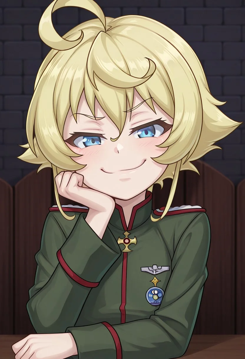 masterpiece,best quality,amazing quality,very aesthetic,
BREAK
outfit1, aaa_tanya,, flat chest, blonde hair, short hair, ahoge, blue eyes, military uniform, green jacket, long sleeves, upper body, looking at viewer, smug, hand on chin,
solo, KonosubaFantasticDays-Liver020