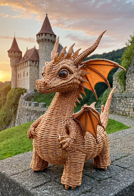 wkrstyle, a wicker cute dragon, with a big head, near a castle, sunset,
