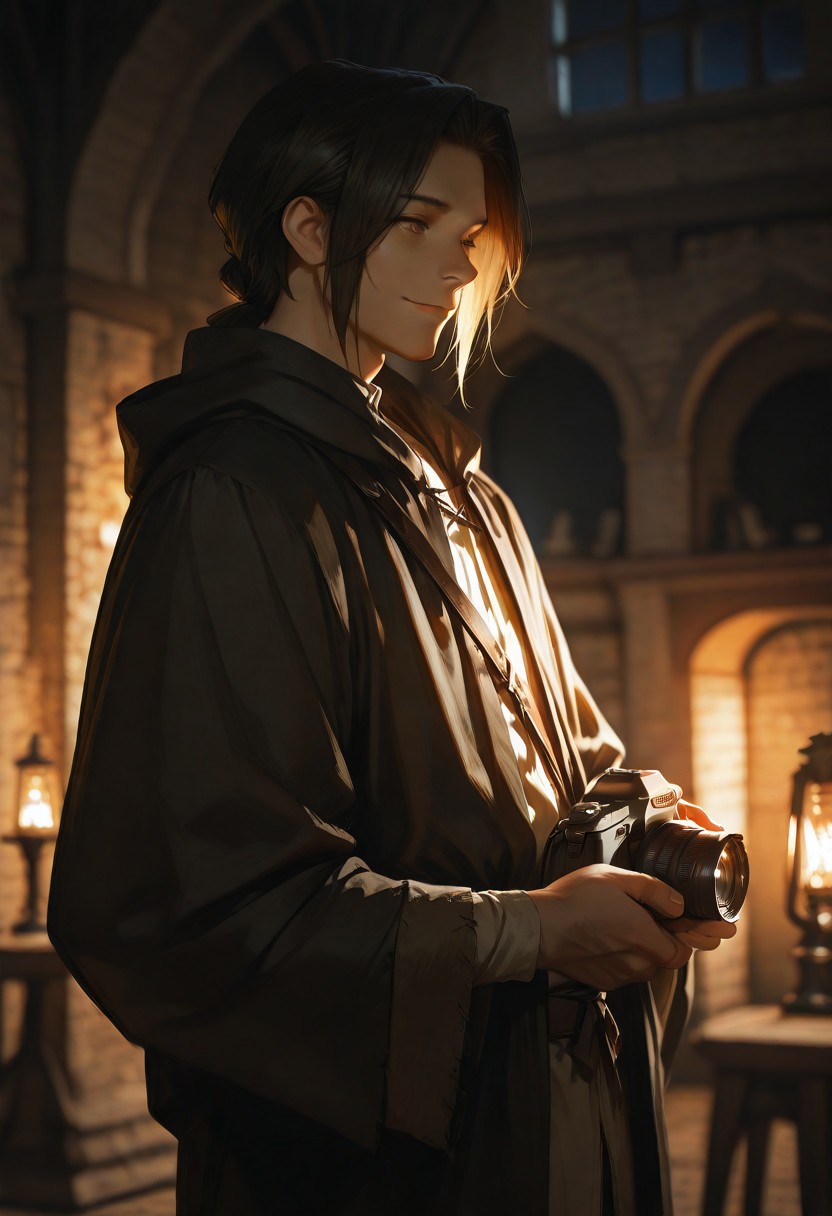 masterpiece, ultra-HD, cinematic lighting, photorealistic, impressionism (1.5), high detail, depth of field, (blurred background), (dramatic lighting),masterpiece, best quality, very aesthetic, , 8k,,masterpiece, ultra-HD, cinematic lighting, high detail, depth of field, (blurred background), (dramatic lighting),masterpiece, best quality, very aesthetic,8k,masterpiece, best quality,realistic,1boy, f1nn, male focus,mature,solo,night, medieval,photo studio, camera,erotic and aesthetic, blurry background, bright colors, stunningly artwork, (blurry background, depth of field:1.1),cowboy shot,dutch angle, view from face, light smile
