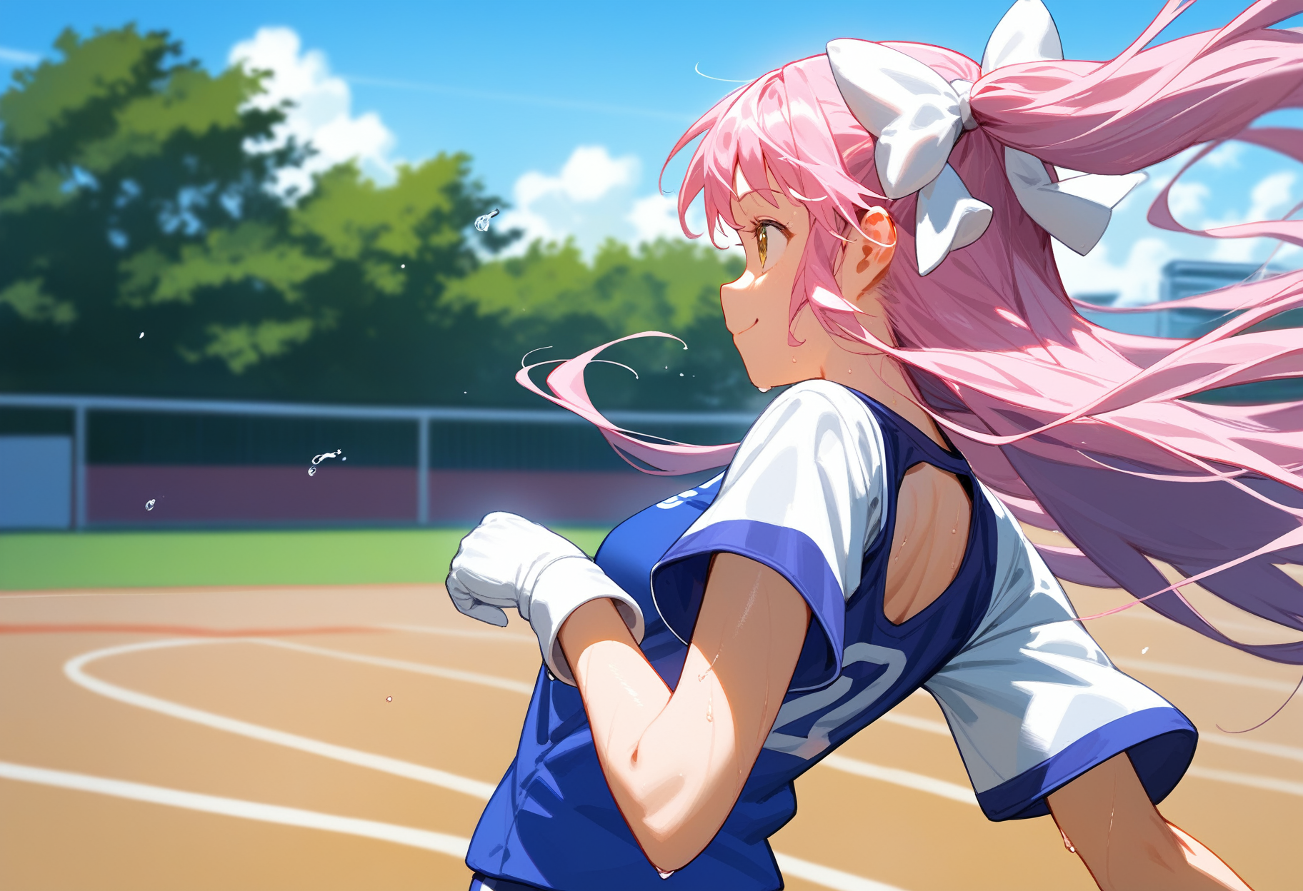 <lora:An25-001C-UM_Tpony_v1.2-000156:0.9>, 
score_9, score_8_up, score_7_up, score_6_up, score_5_up, score_4_up, source_anime, good_hands, close up, anime, 
light on face, dynamic pose, back light, running, sweat, 
., 
1girl, an25_um, solo, long hair, closed mouth, smile, white bow, white gloves, japan school sportswear, 
outdoor, playground, track