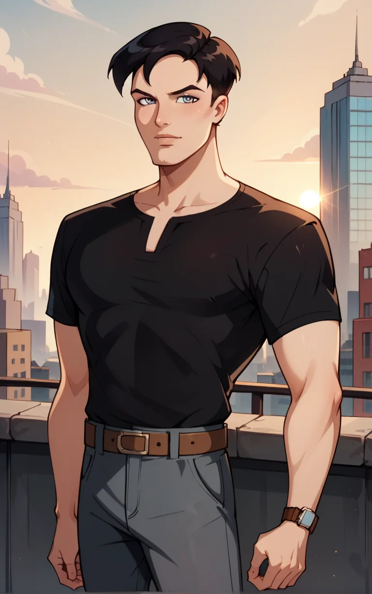 score_9, score_8_up, score_7_up, BREAK
BlackShirt_TerryMcGinnis_ownwaifu,
1boy, black hair, grey eyes, short hair, bangs,
black shirt, short sleeves, t-shirt, belt, brown belt, wristwatch, watch, grey pants, shirt tucked in, blue pants, belt buckle,
(contrapposto, hand on hip), sunset, sidelighting, cityscape, vanishing point, outdoors, depth of field, solo,
<lora:PONYXL_DC_BatManBeyond_TerryMcGinnis_ownwaifu_r1:0.8> , depth of field,
,