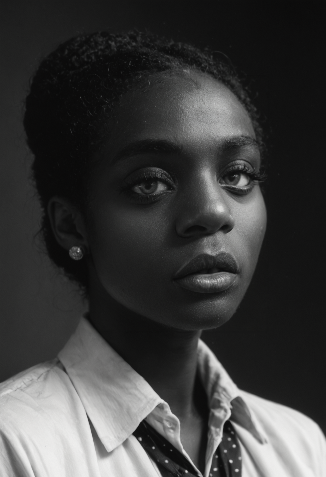 score_9, score_8_up, score_7_up, black and white photography, monochrome, dark-skinned female, broad nose, pursed lips, makeup, earring, haute couture, high fashion <lora:robert_mapplethorpe_pdxl_v1-000010:1> wide collared shirt, expressive eyes, long eyelashes, detailed skin texture