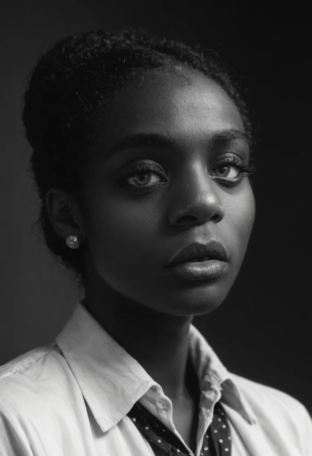 score_9, score_8_up, score_7_up, black and white photography, monochrome, dark-skinned female, broad nose, pursed lips, makeup, earring, haute couture, high fashion <lora:robert_mapplethorpe_pdxl_v1-000010:1> wide collared shirt, expressive eyes, long eyelashes, detailed skin texture