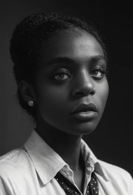 score_9, score_8_up, score_7_up, black and white photography, monochrome, dark-skinned female, broad nose, pursed lips, makeup, earring, haute couture, high fashion <lora:robert_mapplethorpe_pdxl_v1-000010:1> wide collared shirt, expressive eyes, long eyelashes, detailed skin texture