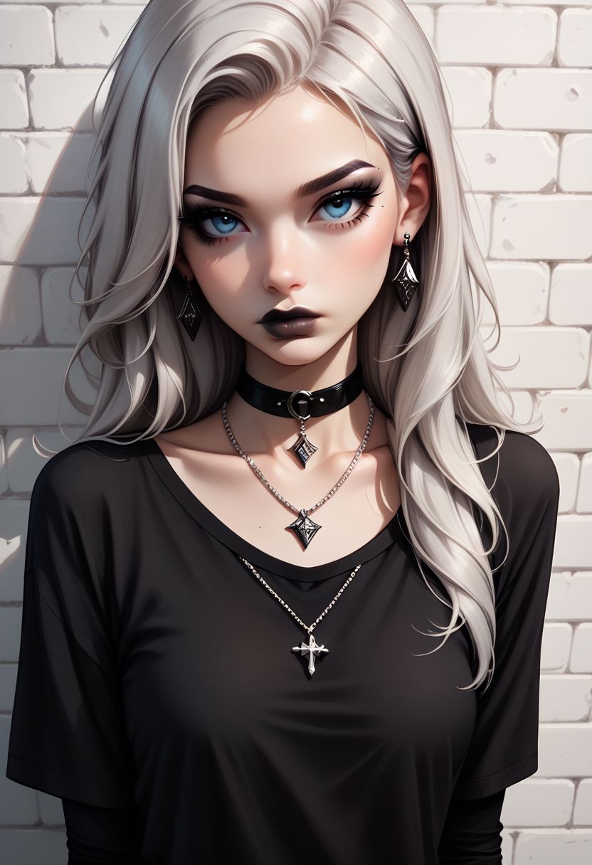 score_9, score_8_up, score_7_up,Goth girl, goth girl 1girl, 1girl,solo,long hair,looking at viewer,blue eyes,shirt,jewelry,closed mouth,white hair,grey hair,earrings,choker,necklace,lips,black shirt,from above,black choker, 
<lora:Goth_girl_XL-v2:0.8>,