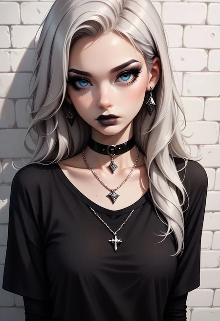 score_9, score_8_up, score_7_up,Goth girl, goth girl 1girl, 1girl,solo,long hair,looking at viewer,blue eyes,shirt,jewelry,closed mouth,white hair,grey hair,earrings,choker,necklace,lips,black shirt,from above,black choker, 
<lora:Goth_girl_XL-v2:0.8>,