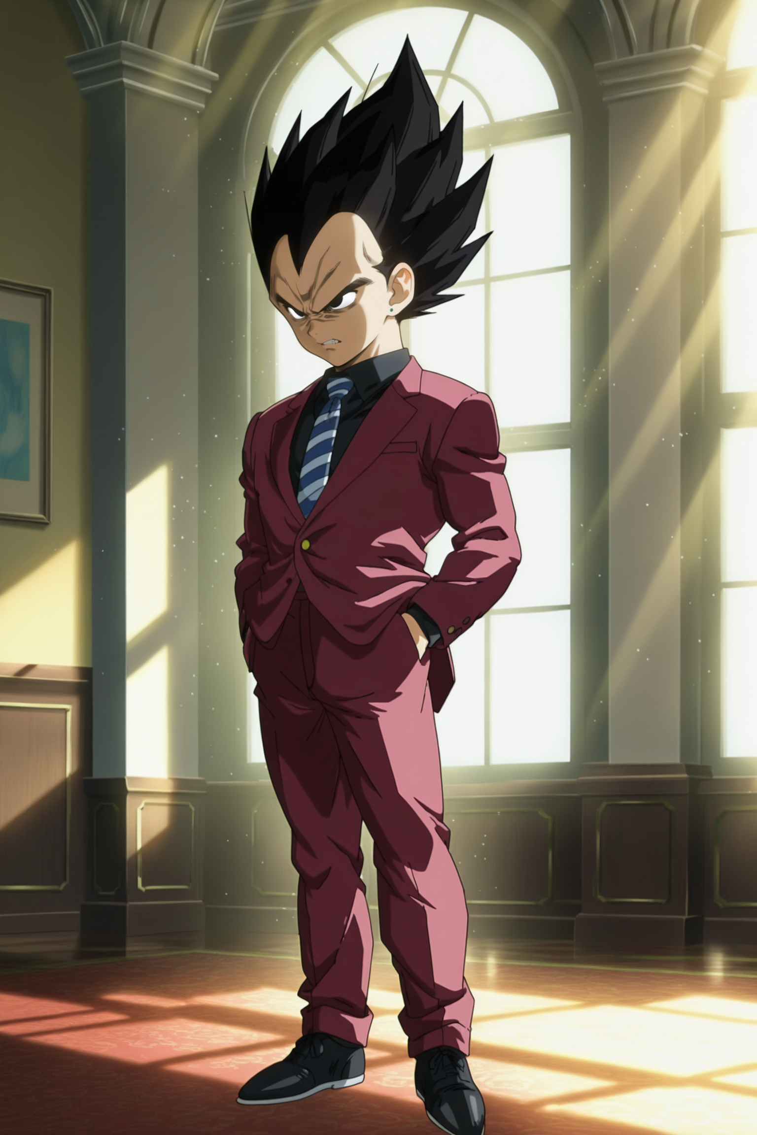 anime screencap, masterpiece, best quality, amazing quality, very aesthetic, absurdres,  newest, (scenery, volumetric lighting), official style, dappled sunlight, light particles, light rays,
vegeta, official style, solo, indoors, black shirt, black hair, 1boy, mansion, closed mouth, standing, full body, male focus, necktie, shoes, striped, red pants, red jacket, long sleeves, black footwear, black eyes, frown, formal, red suit, spiked hair, serious, blue necktie, hands in pockets, striped necktie
<lora:Vegeta_IL_V2:0.8>