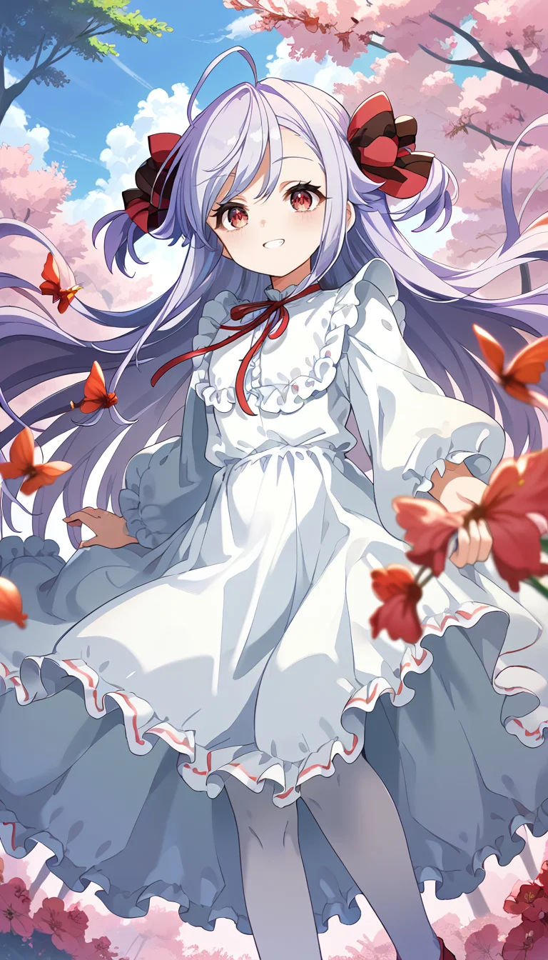score_9,score_8_up,score_7_up,
official art,official style,game cg,megami magazine,
1girl,solo,
niizuma yae,
pink eyes,red eyes,purple hair,grey hair,long hair,very long hair,two side up,
red bow,red ribbon,hair bow,ahoge,bangs,bow,
dress,ribbon,frilled shirt,frilled skirt,frilled sleeves,frills,long skirt,long sleeves,
neck ribbon,red footwear,white dress,white pantyhose,white shirt,white skirt,
<lora:niizuma_yae_pony_v1:1>,