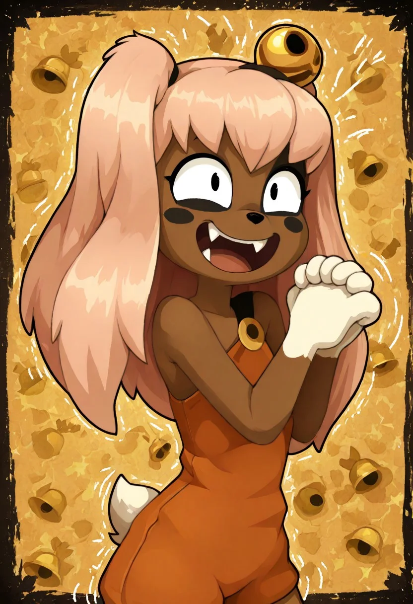 (WakfuMMOArt, black outlines, thick outlines), upper body shot, upper body only, 1girl, solo, solo girl, Lilotte, furry, anthro, furry female, brown skin, brown fur, black spot, orange overalls, single strap, pink hair, white paws, black eyes, excited, motion lines, happy, sparky eyes, cute fangs, bouncing, hands together, hair ornament bell, golden bell, simple fuchsia background, masterpiece, best quality, very aesthetic,