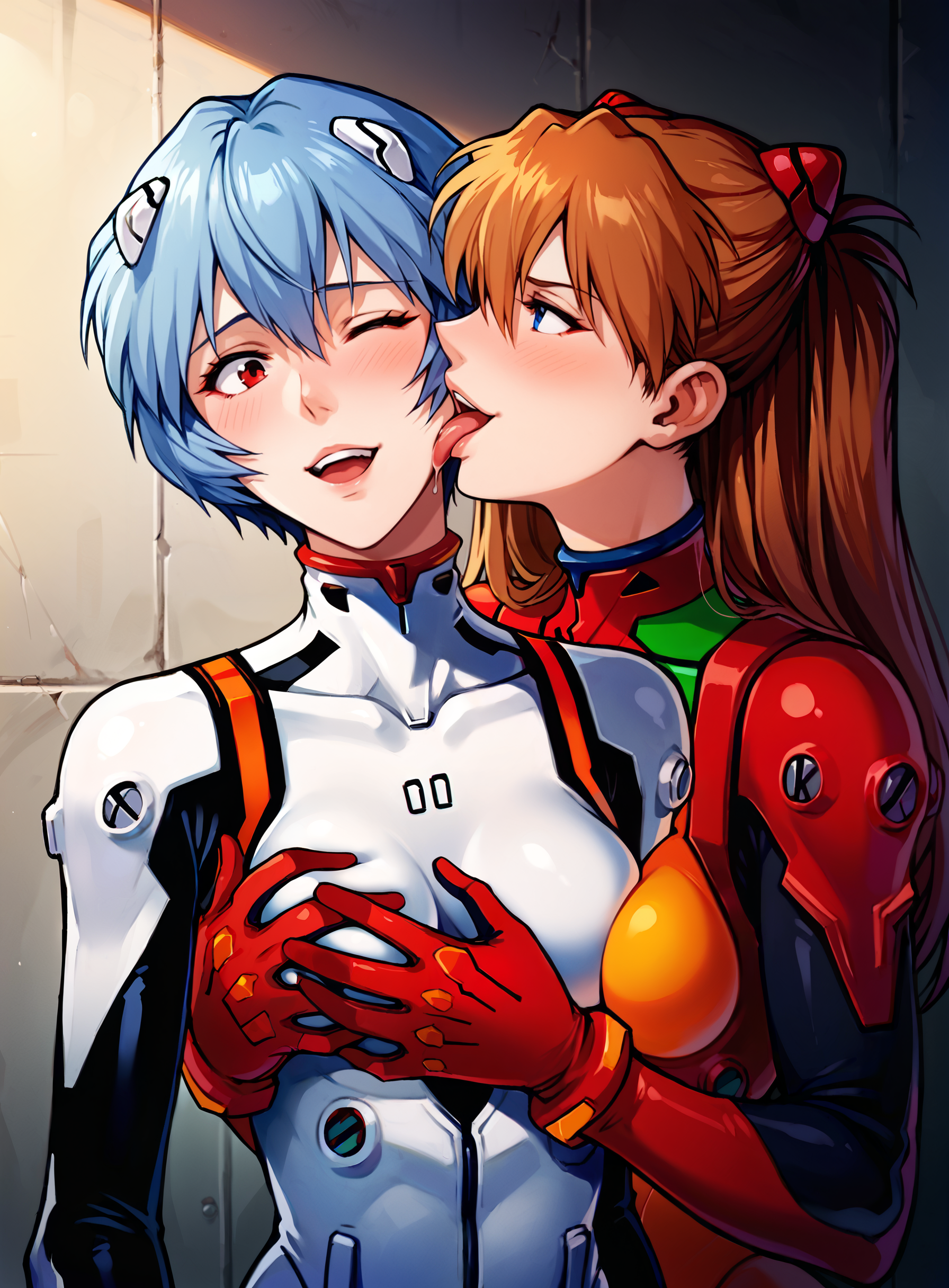 score_9, score_8_up, score_7_up, score_6_up, source_anime, 2d, 2girls, lesbian, facelick, licking face, asuka langley, rei ayanami, upper body, standing, plug suit, plugsuit, head grab, breast grab, groping, evangelion, one eye closed, hangar background, indoor hangar, indoors, happy, shy, aroused, medium breasts, 90s4n1m3,<lora:incase-ilff-v3-4:0.1> <lora:hutagoXL:0.7> <lora:90s4n1m3XLP:0.45> <lora:Sakura_No_Tomoru_Ei_E_Style_pony:0.3>   <lora:facelick:0.9>