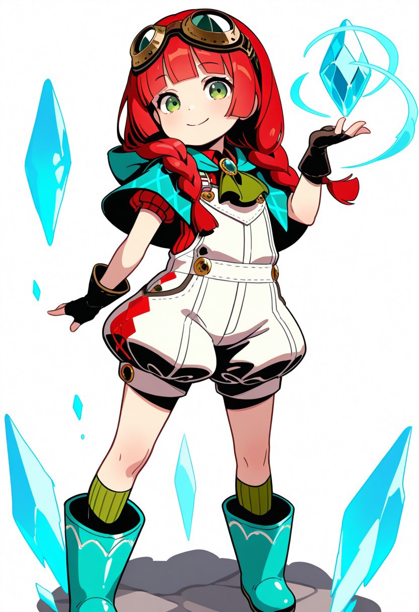 masterpiece, best quality, very aesthetic, absurdres, 
full body, 1girl, toad \(fantasica\), child, 
green eyes, red hair, long hair, twin braids, blunt bangs, 
goggles, goggles on head, green ascot, brooch, gem, vertical-striped clothes, hooded capelet, aqua capelet, hood down, argyle shirt, red shirt, short sleeves, overall shorts, white overalls, ribbed overalls, puffy shorts, fingerless gloves, green socks, kneehighs, striped socks, rubber boots, aqua footwear, 
looking at viewer, standing, smile, closed mouth, hand up, cryokinesis, 
white background,