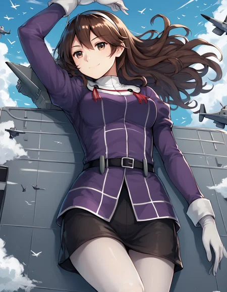 score_9, score_8_up, score_7_up,
ashigara (kancolle), off1cialc0stume, light smile,
lying against an aircraft,
aircraft warship bakcground,
war scene,
wind, clouds, birds,
 <lora:ashigara:0.9>