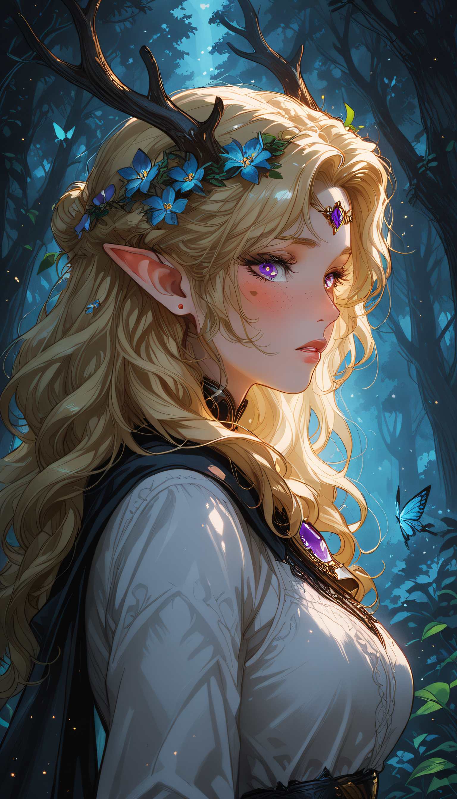masterpiece,
perfect eyes, vivid colors, vibrant colors,
pinkretroanime, retro art, (lineless:1.5), smooth edges,
, The image showcases a fantasy-themed character who embodies the essence of a majestic forest nymph or elven warrior. She stands amidst a dense thicket, with the focus entirely on her. Her skin is fair, adorned with tattoos and marks that hint at her magical heritage. Her long, wavy hair flows down her back like cascading waves, catching the light just so. Her eyes are a striking shade of blue, with a shimmering quality that seems to mirror the starlight. They hold an enigmatic gaze, as if she is both observer and guardian of this mystical realm. A crown of leaves graces her head, blending seamlessly into her surroundings. She wears a black outfit with intricate designs that mimic the patterns found in nature, suggesting it might be made from leather or some other organic material. The armor is adorned with blue gems that add to the mystical theme. Atop her head rests a crown of leaves, interwoven with delicate flowers and small leaves. This crown seems to be a part of her identity, blending into her hair and adding a touch of wilderness to her look. Her face is serene, with subtle hints of concentration or perhaps contemplation. She holds a spear in her left hand, hinting at her role as protector of this forest realm. The background is shrouded in the soft green hues of the foliage, providing a lush and verdant setting that envelops the character. The trees and plants are dense, creating an almost impenetrable barrier around her. A slight hint of dawn or dusk filters through the canopy, casting a warm glow on the scene and enhancing the magical atmosphere. The lighting is soft, with gentle rays filtering through the leaves and highlighting the character's features and attire. The overall color palette is dominated by shades of green and blue, with splashes of purple in her hair and armor adding a touch of enchantment. This image captures a moment of quiet strength and grace, as the character stands poised amidst the forest, ready to face any challenge that comes her way., 1girl, solo, long hair, breasts, looking at viewer, blush, bangs, blue eyes, blonde hair, shirt, hair ornament, long sleeves, dress, jewelry, medium breasts, blue hair, purple eyes, upper body, flower, white hair, earrings, outdoors, parted lips, horns, teeth, day, pointy ears, hair flower, cape, mole, from side, tree, lips, parted bangs, looking to the side, eyelashes, mole under eye, makeup, night, glowing, leaf, wavy hair, sunlight, bug, tiara, plant, elf, gem, butterfly, nature, light particles, forehead, forest, backlighting, freckles, blue flower, curly hair, circlet, nose, fantasy, branch, red lips, stud earrings, antlers, head wreath, forehead jewel, blue butterfly, deer