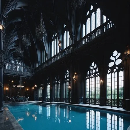 <lyco:Gothic_style_interior_design_Sa_May:1.0> Gothic style interior design of swimming pool