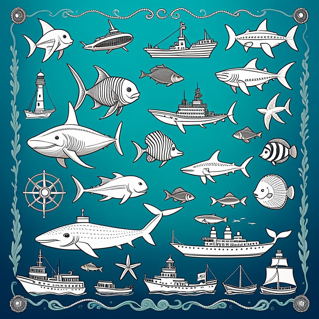 Nautical-themed (weird creatures:1.5). Sea, ocean, ships, maritime, beach, marine life, highly detailed,