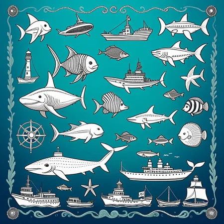 Nautical-themed (weird creatures:1.5). Sea, ocean, ships, maritime, beach, marine life, highly detailed,