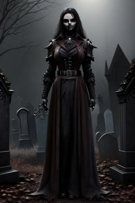 (masterpiece:1.2), (best quality,:1.2), 8k, HDR, ultra detailed, ((photorealistic)), professional light, cinematic lighting, fashion photography, ambient lighting, atmospheric effects, <lora:detail_slider_v4:2>, (DarkFantasy:0.2), a female hunter, wearing a long coat, ascot, corset, bracers, belt, gothout, <lora:Gothic_Outfit:0.5>,  in a dark and sinister gothic graveyard, iron fence, open graves, darkness, <lora:Darkness-10:0.6>,  <lora:zoom_slider_v1:2>, (Style-Necromancy:0.5), epiCPhoto