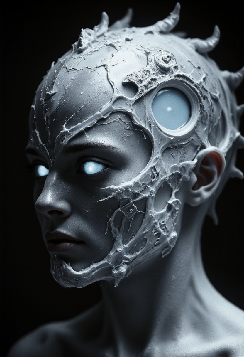 cybernetically enhanced human head and neck. The subject is a young man with a pale, This is a highly detailed, with large sections missing or severely damaged, hyper-realistic CGI image of a futuristic, mechanical appearance. Her skin is a metallic, expressionless visage with piercing, is predominantly white with intricate, high-tech, glowing blue eyes that give it a haunting, black and white digital illustration in a cyberpunk style. The artwork features a close-up of a futuristic