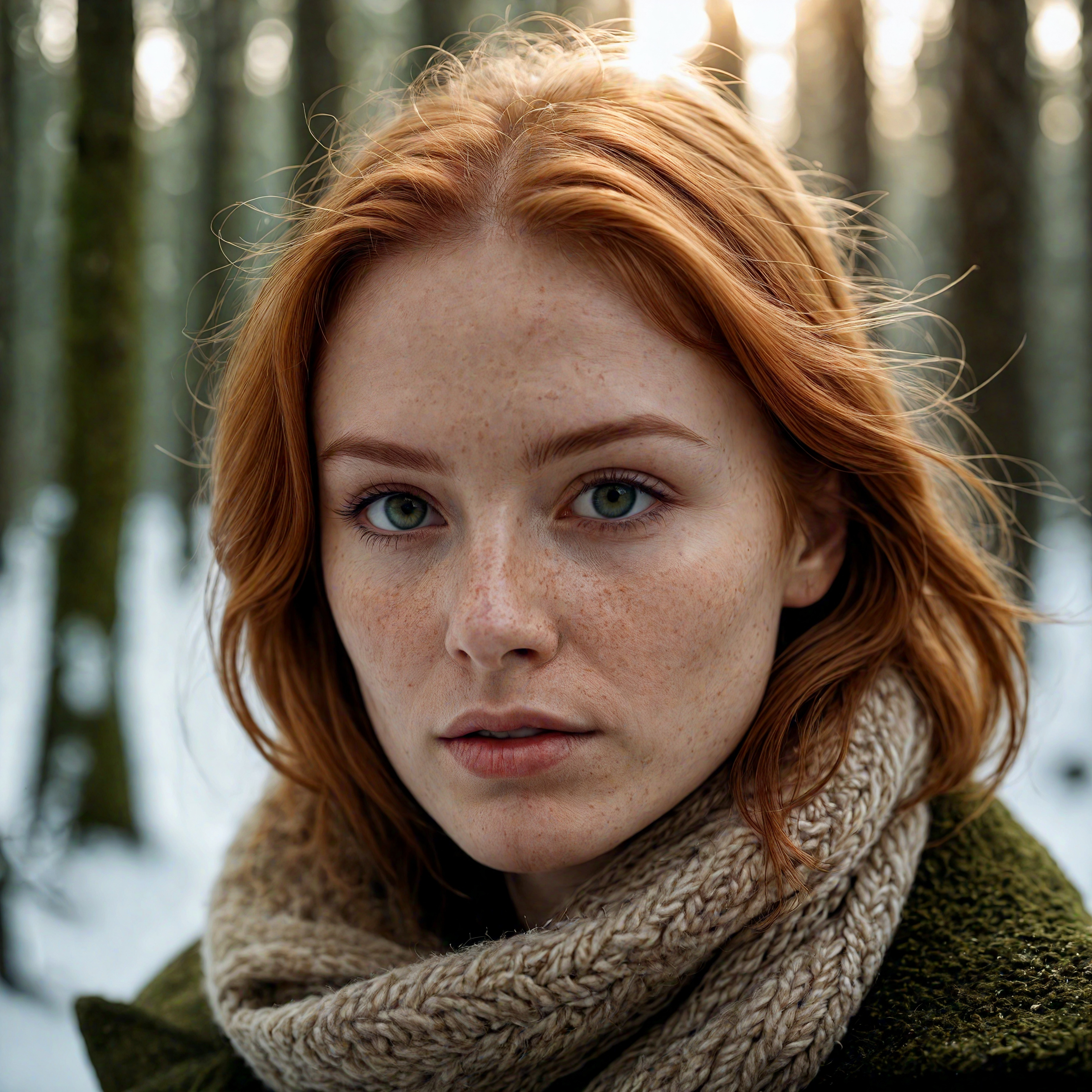 cinematic photo close up of a european woman, ginger hair, winter forest, natural skin texture, 24mm, 4k textures, soft cinematic light, RAW photo, photorealism, photorealistic, intricate, elegant, highly detailed, sharp focus, ((((cinematic look)))), soothing tones, insane details, intricate details, hyperdetailed, low contrast, soft cinematic light, dim colors, exposure blend, hdr, faded (boobs out), cinematic photorealistic, 8k uhd natural lighting, raw, rich, intricate details, key visual, atmospheric lighting, 35mm photograph, film, bokeh, professional, 4k, highly detailed . 35mm photograph, film, bokeh, professional, 4k, highly detailed