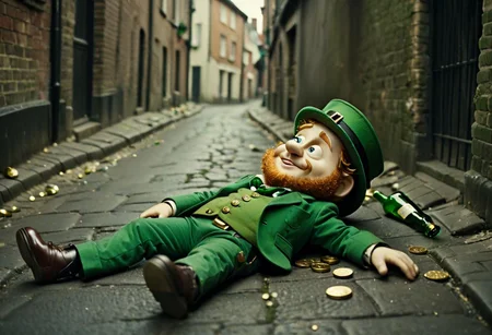 cinematic still an image of a (completely drunk) solitary leprechaun lying in a back street, dirty, (empty bottles rolling around), his pockets bulging with gold coins. depressing, vignette, 4k epic detailed, shot on kodak, 35mm photo, sharp focus, high budget, cinemascope, moody, epic, gorgeous, film grain, grainy, clear, epic, cinematic, professional, sincere, thought, artistic, sharp focus