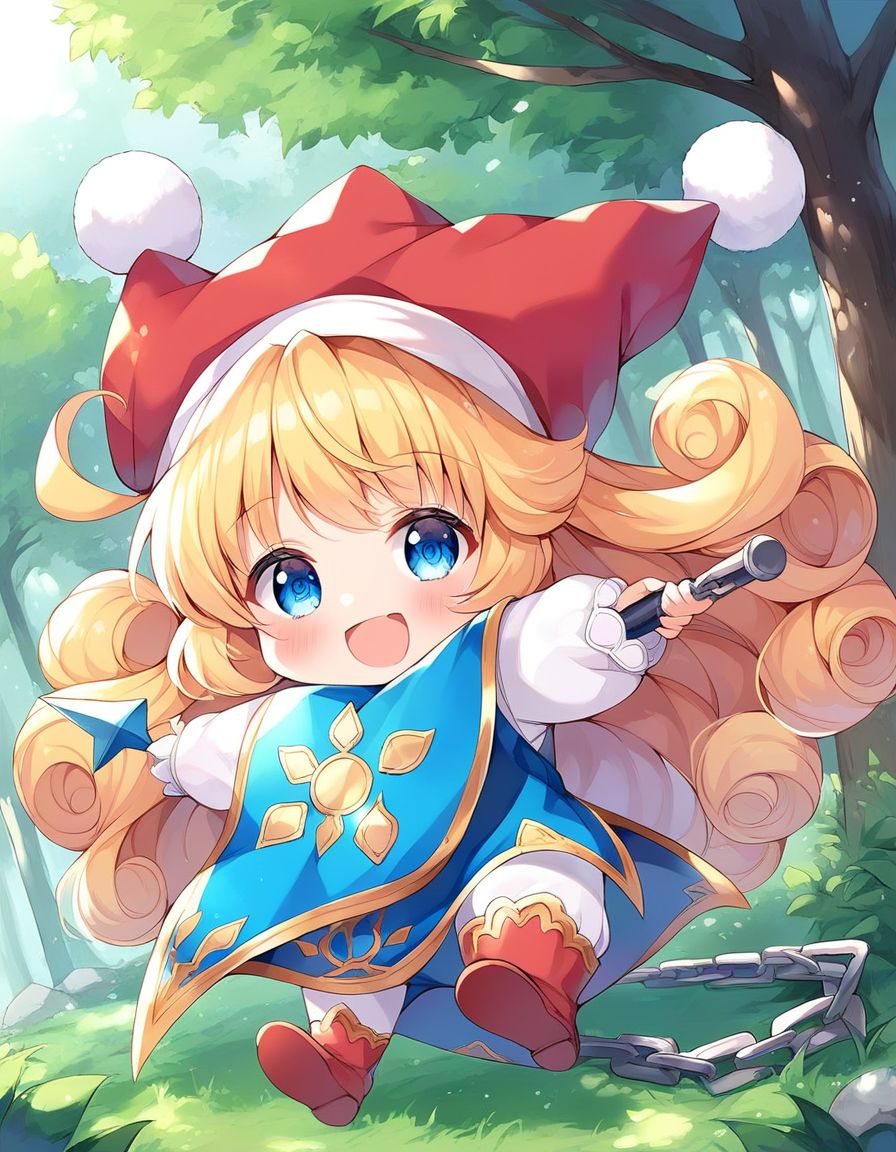 score_9, score_8_up, score_7_up, source_anime, rating_explicit, BREAK  <lora:Charlotte_seiken_densetsu3_XL:1>
Charlotte_seiken, 1girl, blonde hair, solo, blue eyes, long hair, smile, hat, open mouth, tabard, curly hair, chibi,
weapon, jester cap, holding, full body,  looking at viewer, red footwear, holding weapon, blush, long sleeves, chain, :d, red headwear, bangs, star (symbol),
forest,