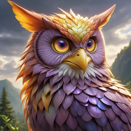 Shiny scaleboundsdxl,Up in the sky, cloudy,purple body, cover dark clouds scales, owl, ears, orange tips on head orange tips on butt, light yellow beak, light purple eyes, light green sclera, colored sclera, light yellow talons,solo,female1,happy, ( detail realistic), beautiful detail, high-quality, face close up,