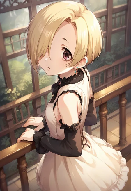 score_9, score_8_up, score_7_up, source_anime,shirasaka koume, blonde hair, hair over one eye, short hair, brown eyes, 1girl, solo, dress, jewelry, earrings, looking at viewer,railing, ear piercing, detached sleeves