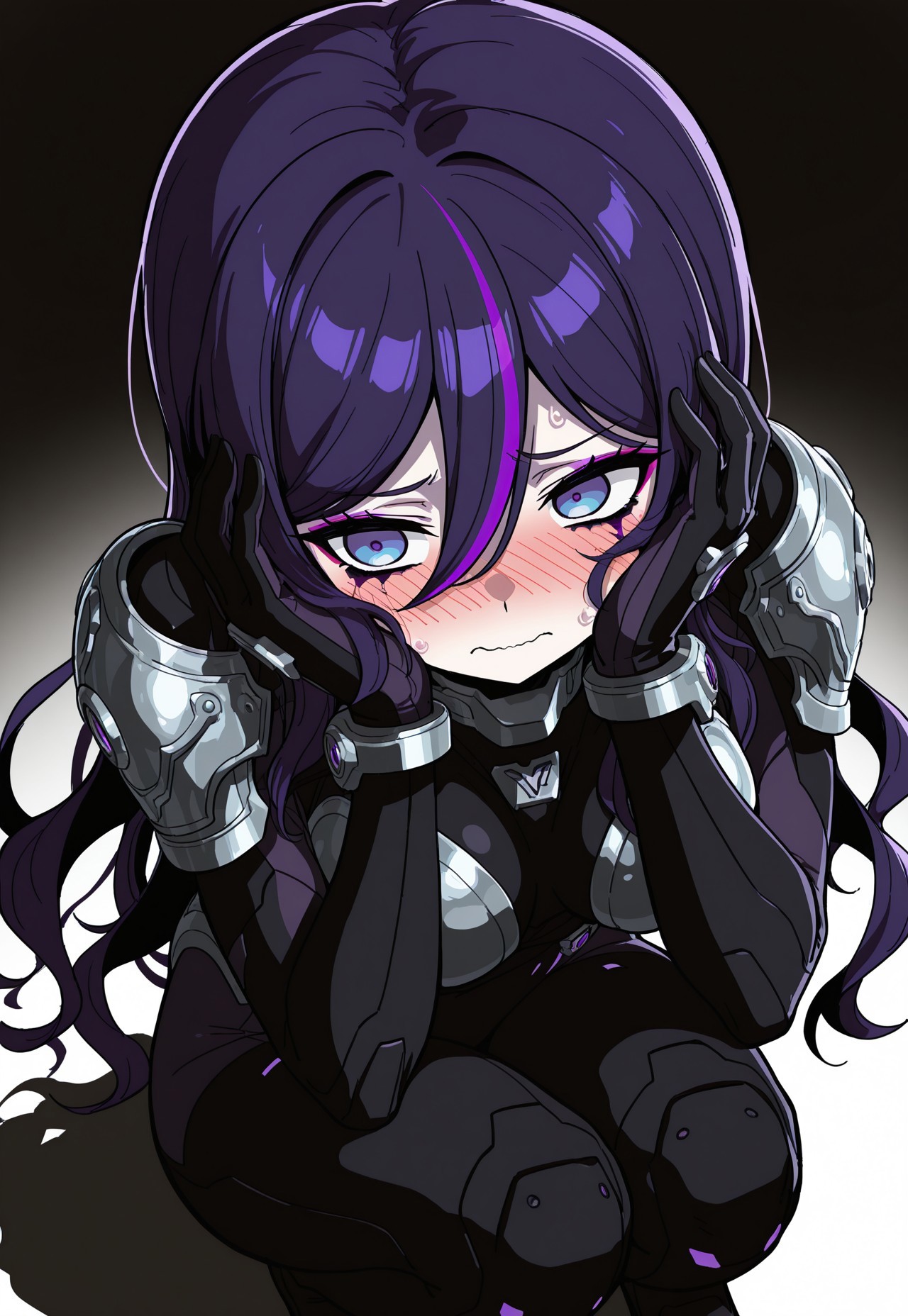 high contrast, masterpiece, best quality, amazing quality, very aesthetic, high resolution, ultra-detailed, absurdres, 1girl, solo, Eva, long hair, blue eyes, purple eyes, purple hair, hair between eyes, multicolored hair, streaked hair, armor, makeup, black bodysuit, addmicrodetails, embarrassed, DX, holding head, crouching, 